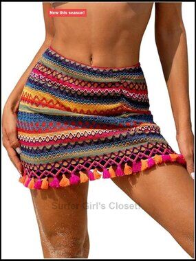 Boho Geo Beach Cover Up Knitted Swim Skirt Fringe Mini Skirt